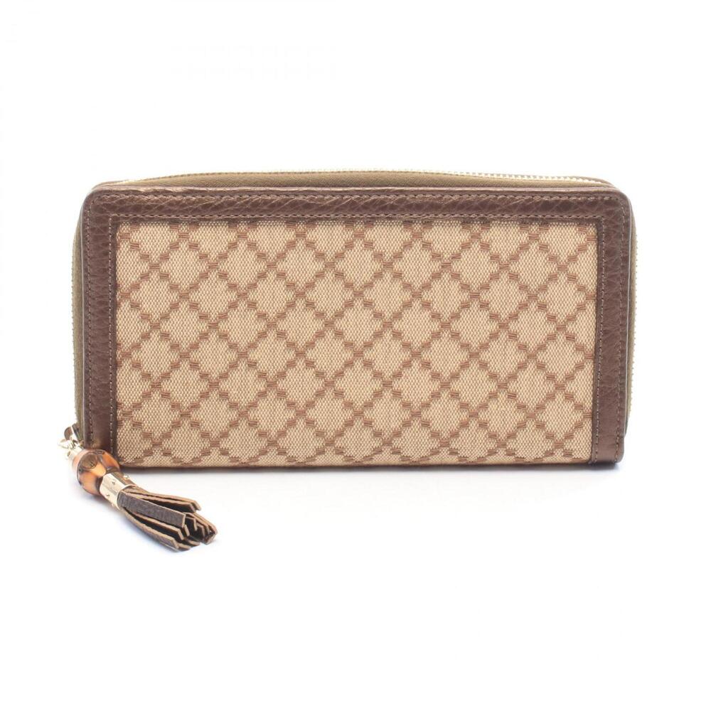 Gucci Diamante Bamboo Round Long Wallet, Canvas and Leather, Women's, Beige/B...